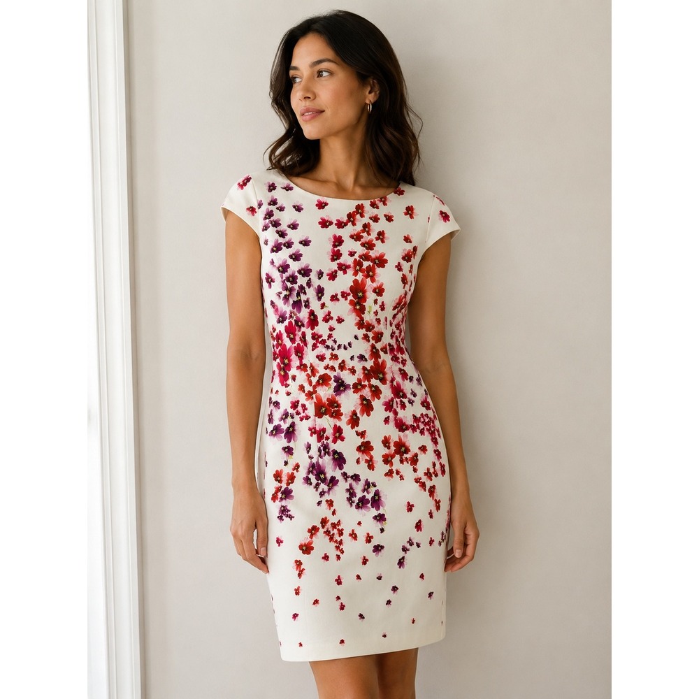 Hobbs London Floral Sheath Dress White Red Purple Cap Sleeve US‎ 6 UK 10 EU 38